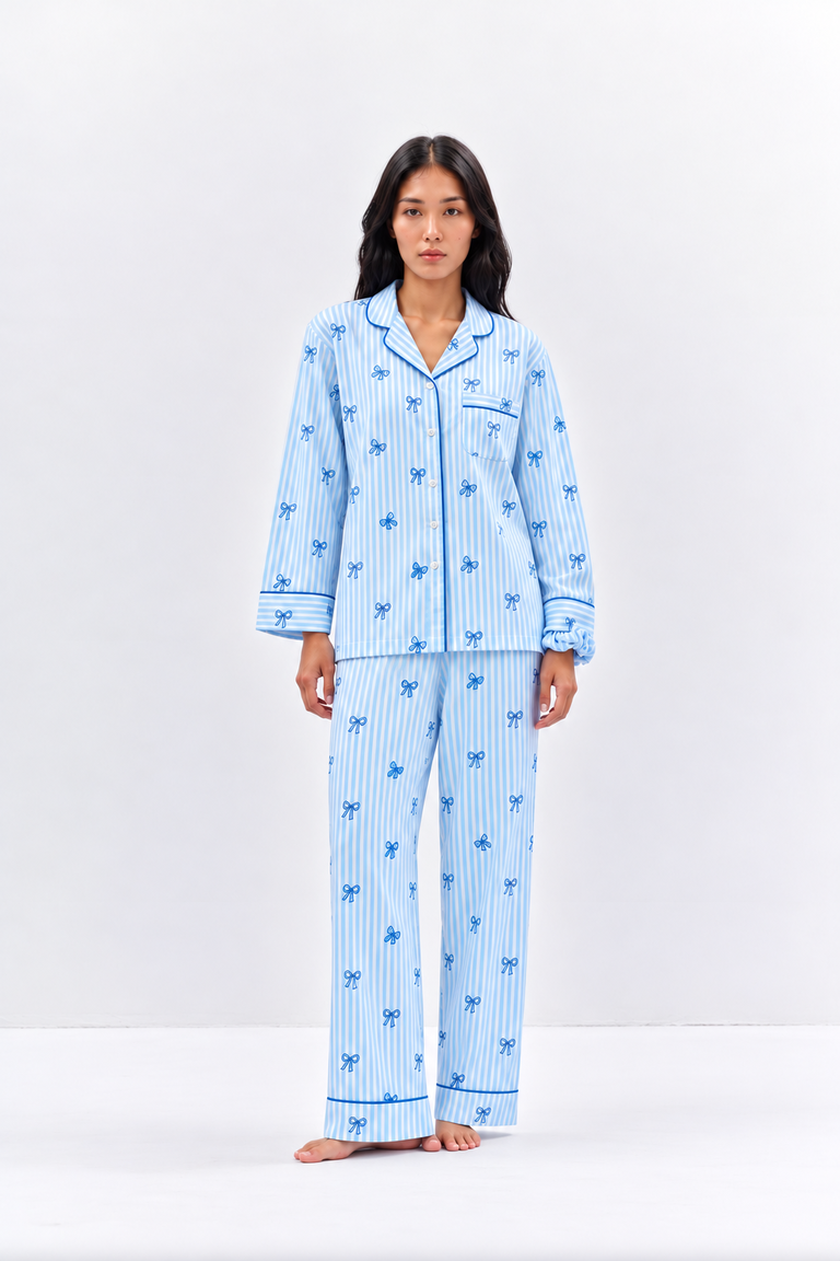 Bow Print Cotton Night Suit Set-Blue