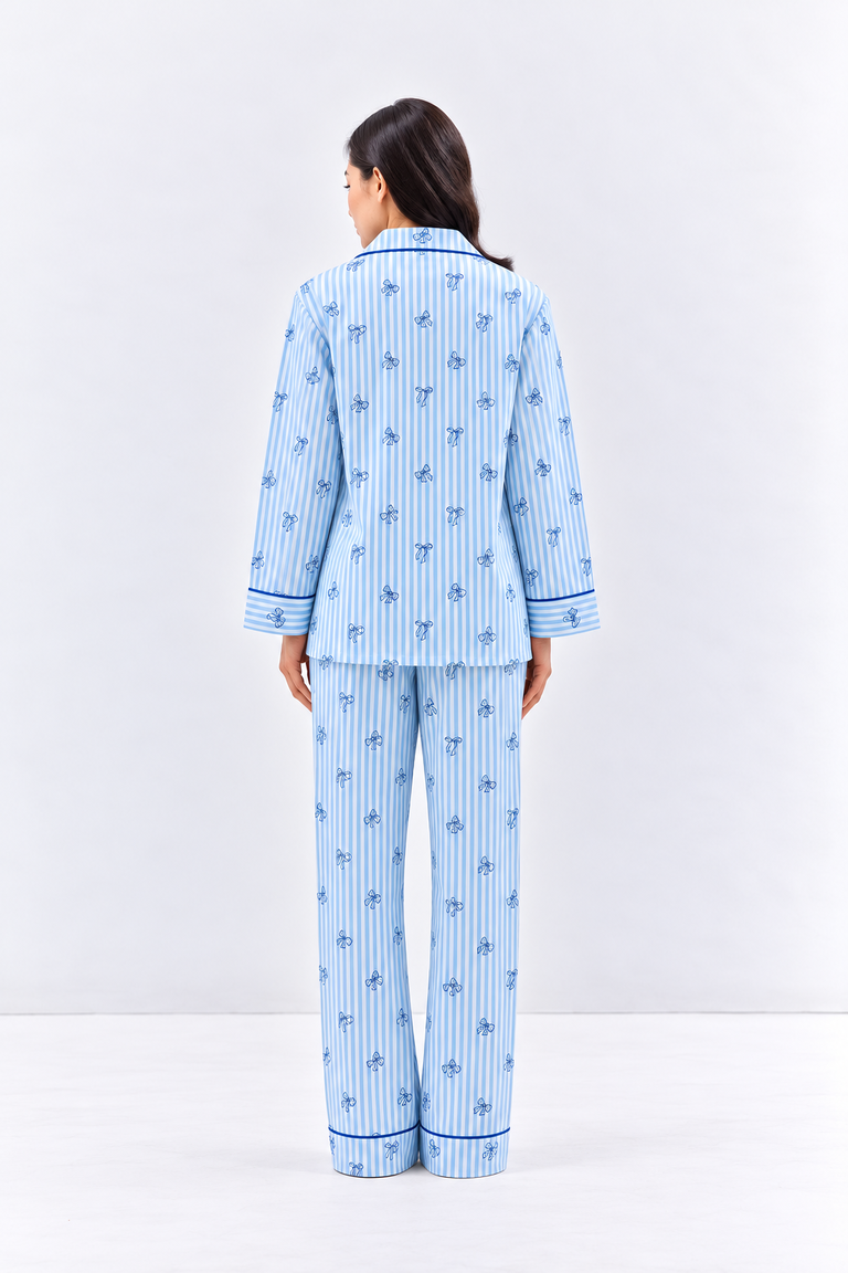 Bow Print Cotton Night Suit Set-Blue
