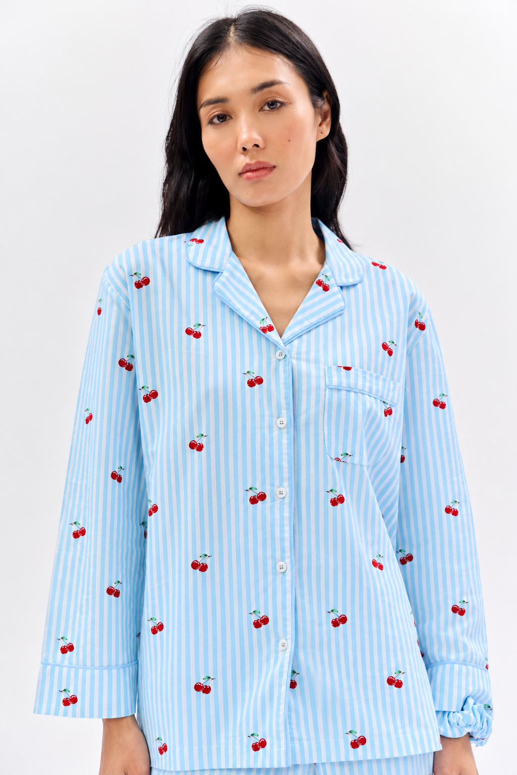Cherry Print Cotton Night Suit Set-Aqua Blue