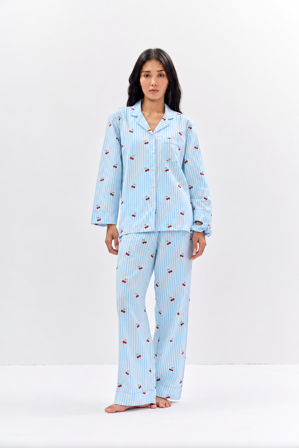 Cherry Print Cotton Night Suit Set-Aqua Blue
