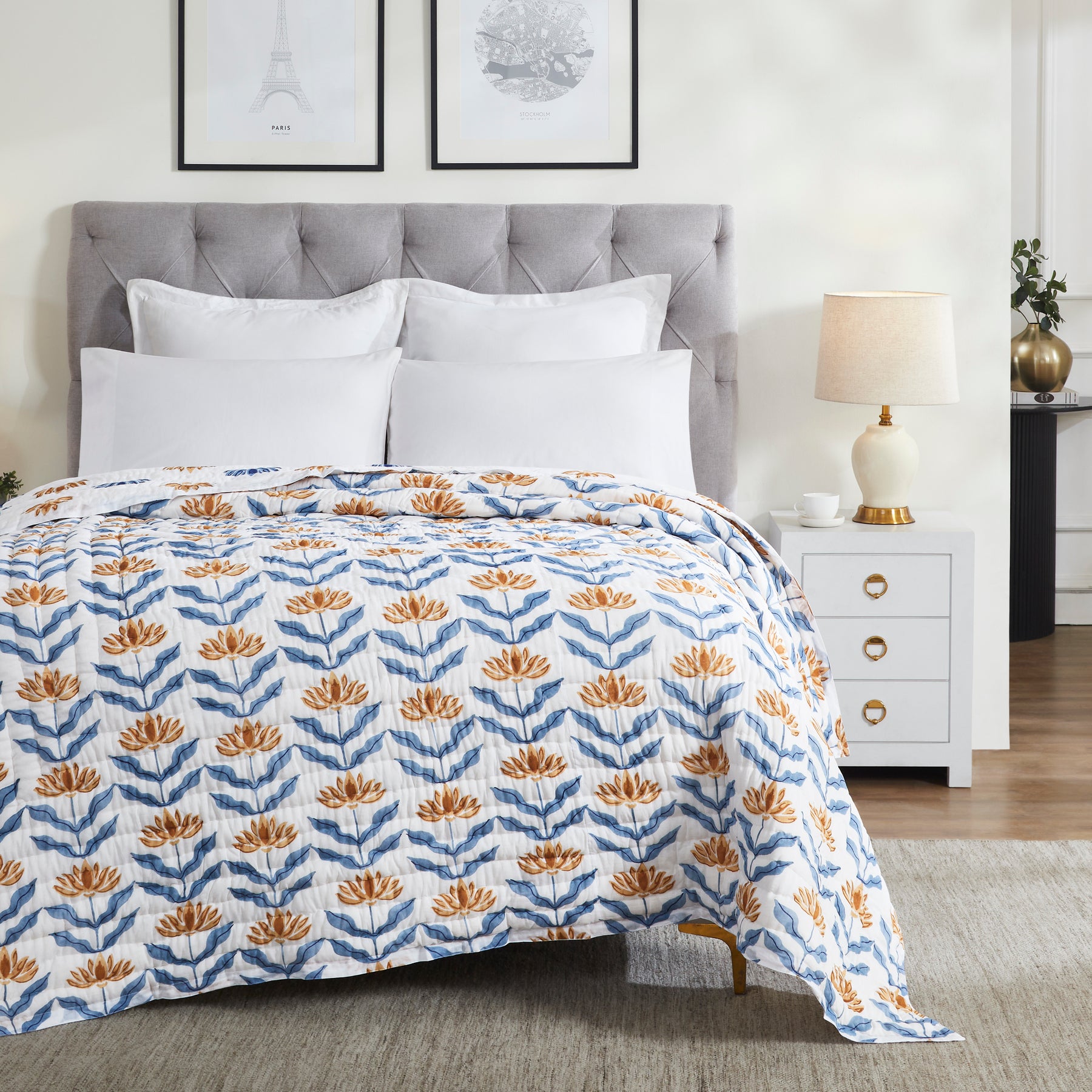 Sol Lightweight Cotton Quilt-Blue/Mustard