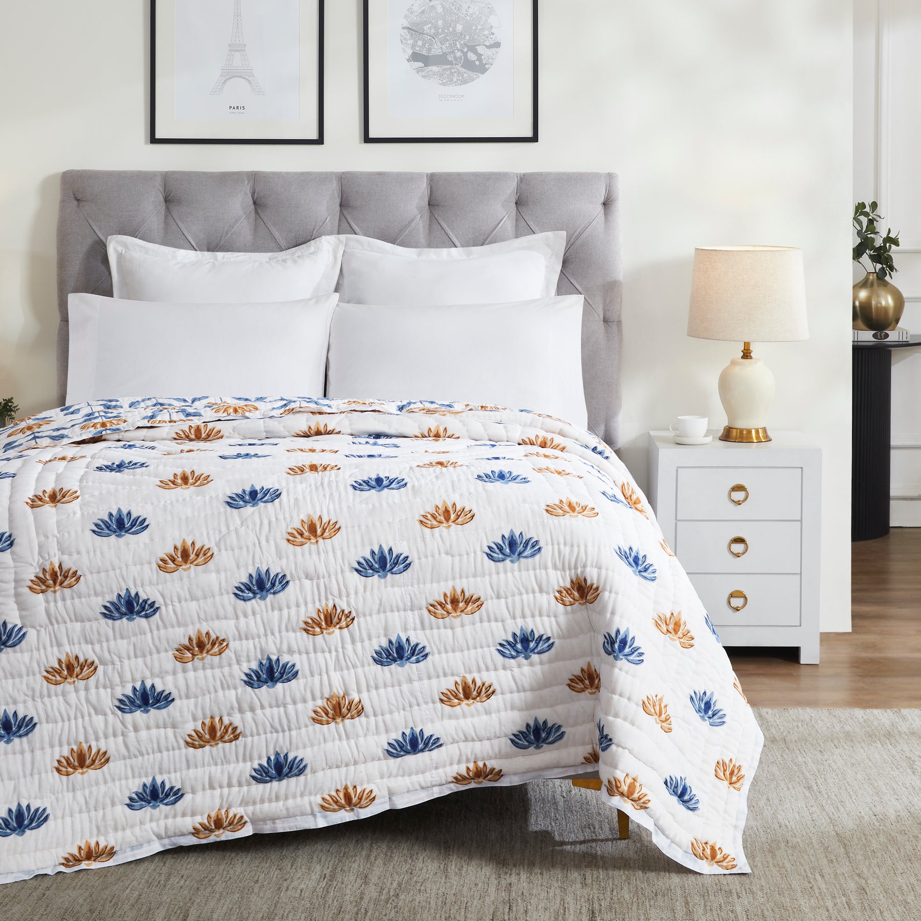 Sol Cotton Quilt – Blue/Mustard