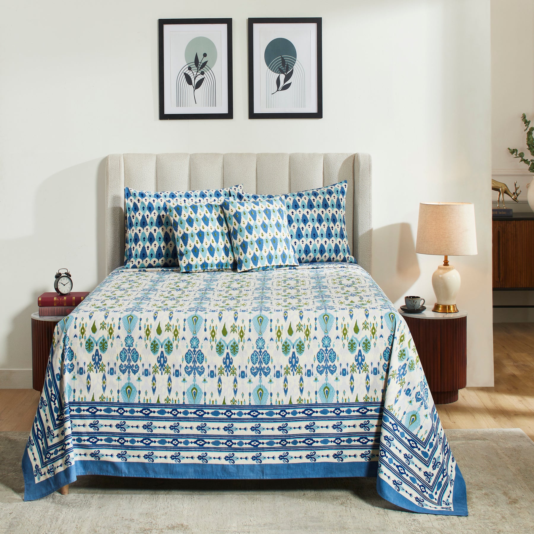 Ikat Cotton Bedcover-Blue/Green