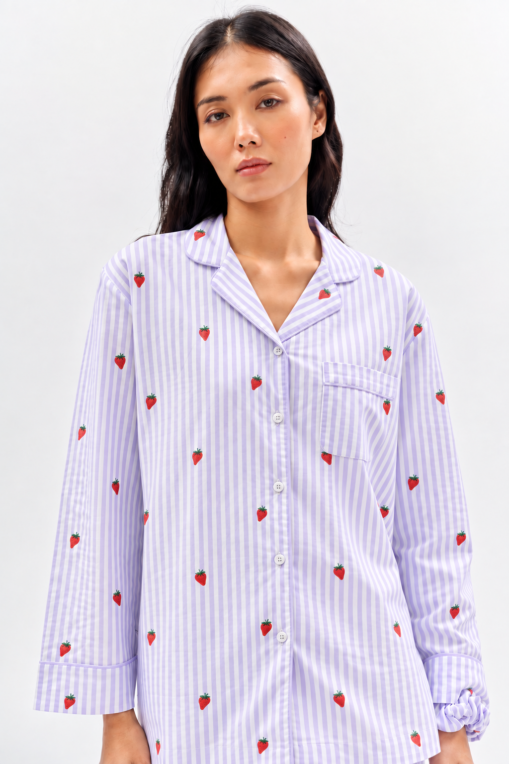Strawberry Print Cotton Night Suit Set-Lavender