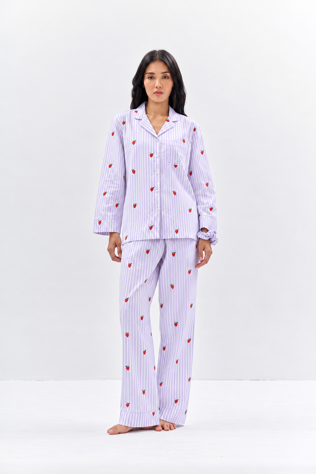 Strawberry Print Cotton Night Suit Set-Lavender