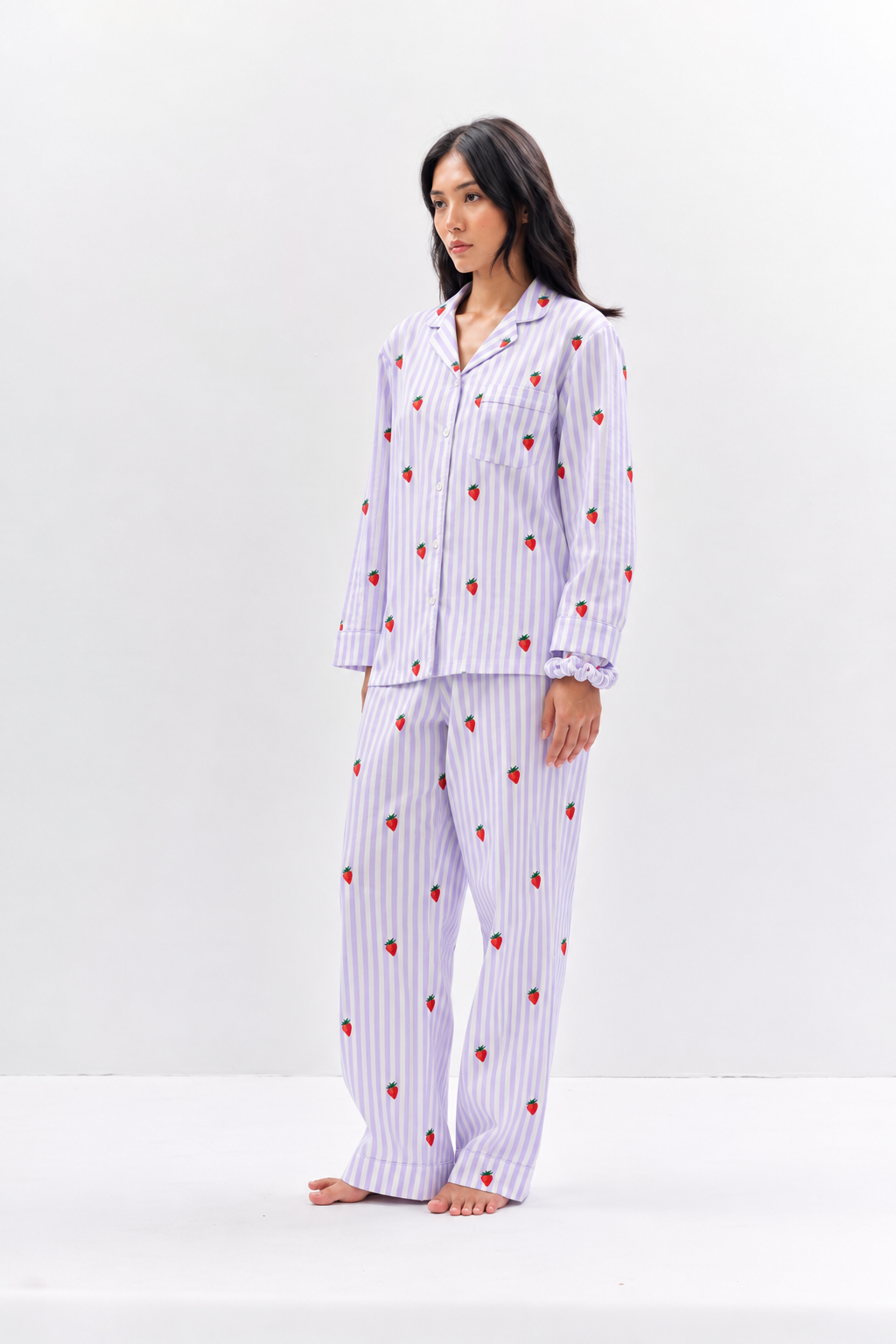 Strawberry Print Cotton Night Suit Set-Lavender