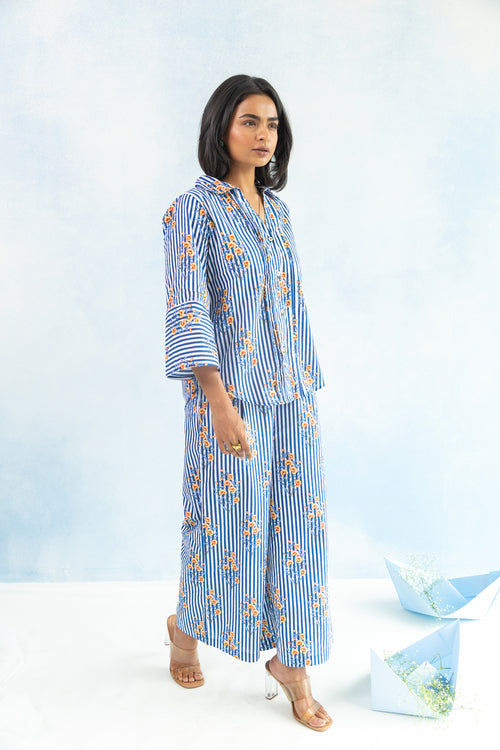 Floral Cotton Culotte Pants – Blue