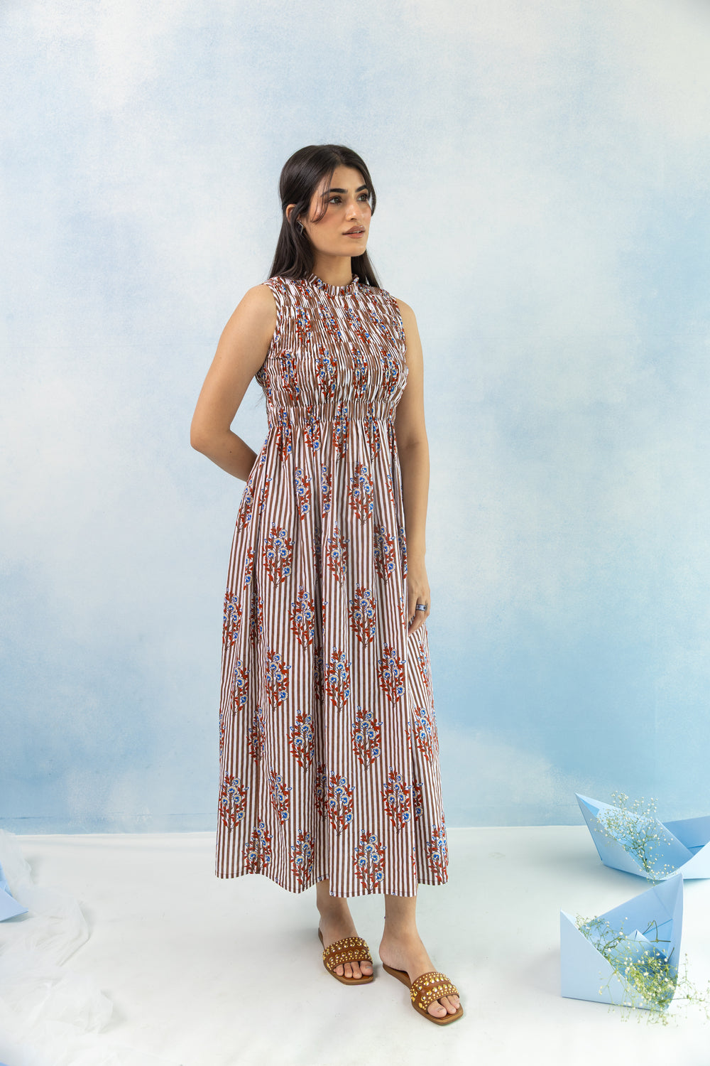 Sleeveless Smocked Maxi Dress – Brown