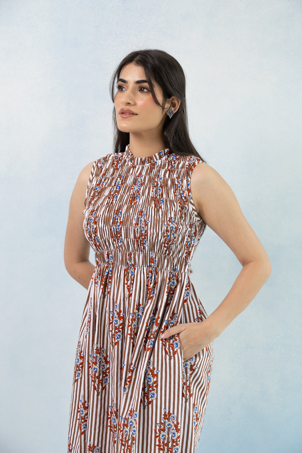 Sleeveless Smocked Maxi Dress – Brown