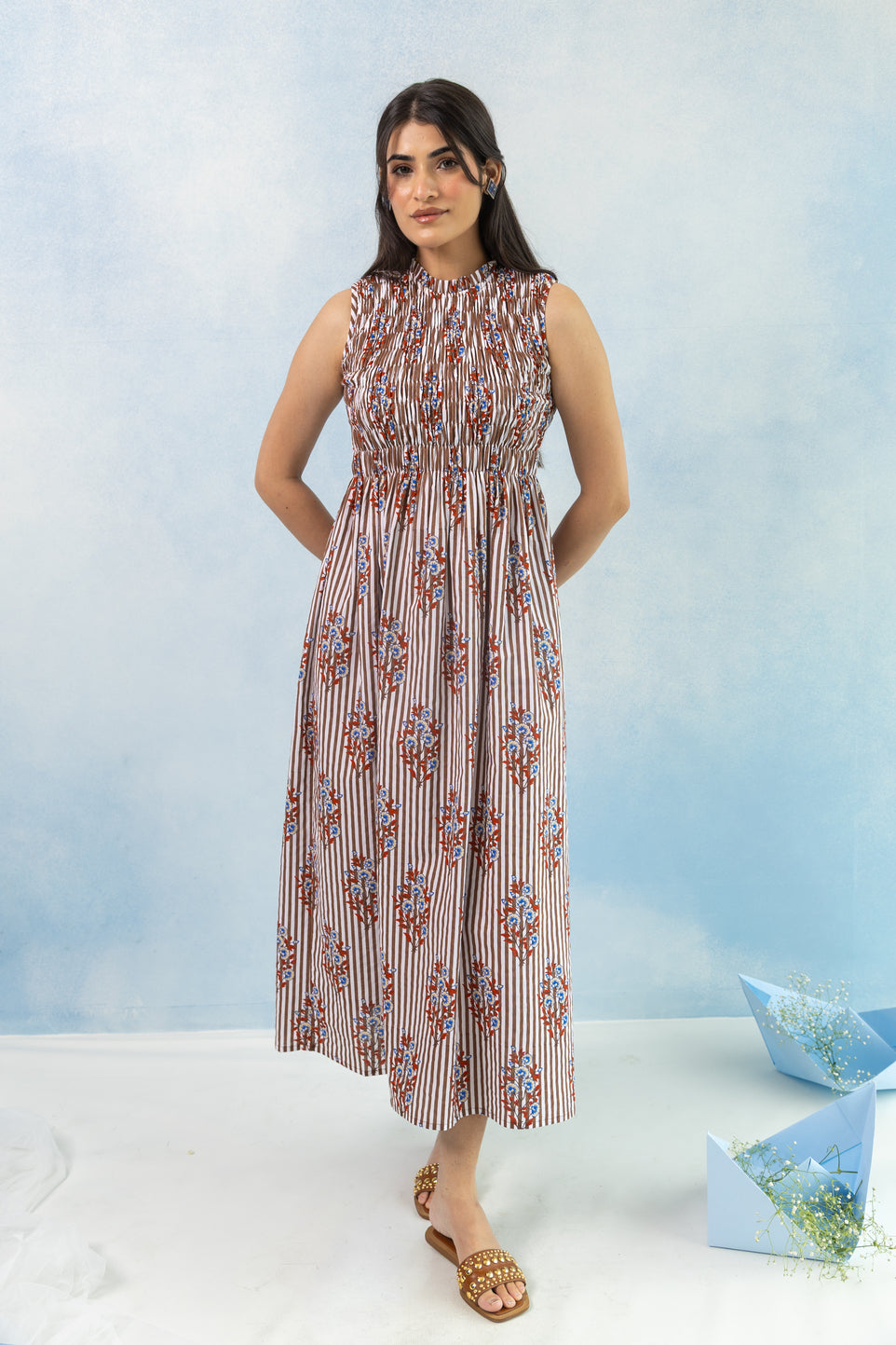 Sleeveless Smocked Maxi Dress – Brown