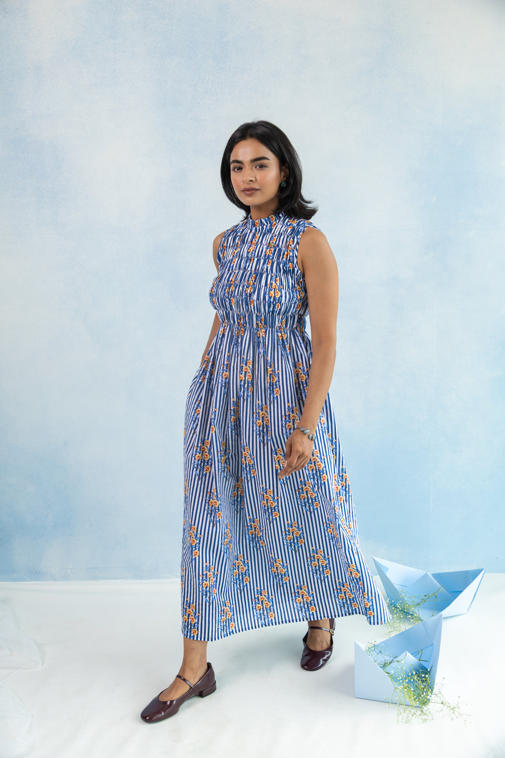 Sleeveless Smocked Maxi Dress – Blue