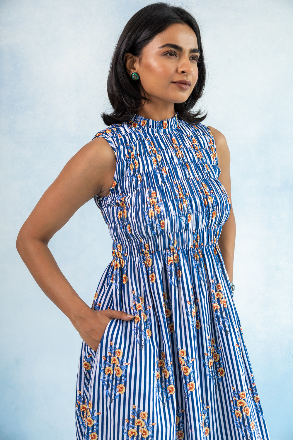 Sleeveless Smocked Maxi Dress – Blue