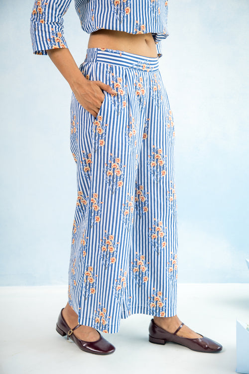 Floral Cotton Culotte Pants – Blue