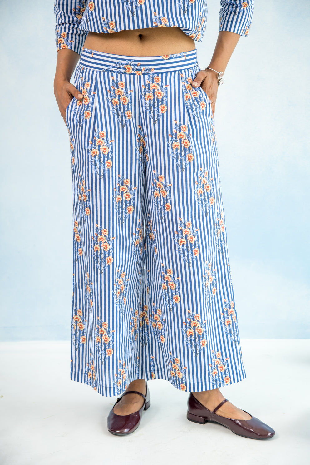 Floral Cotton Culotte Pants – Blue