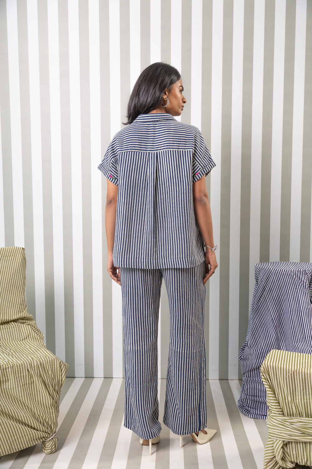 Striped Double Gauze Top-Navy Blue