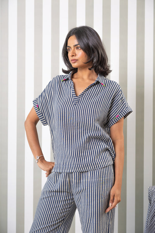 Striped Double Gauze Top-Navy Blue