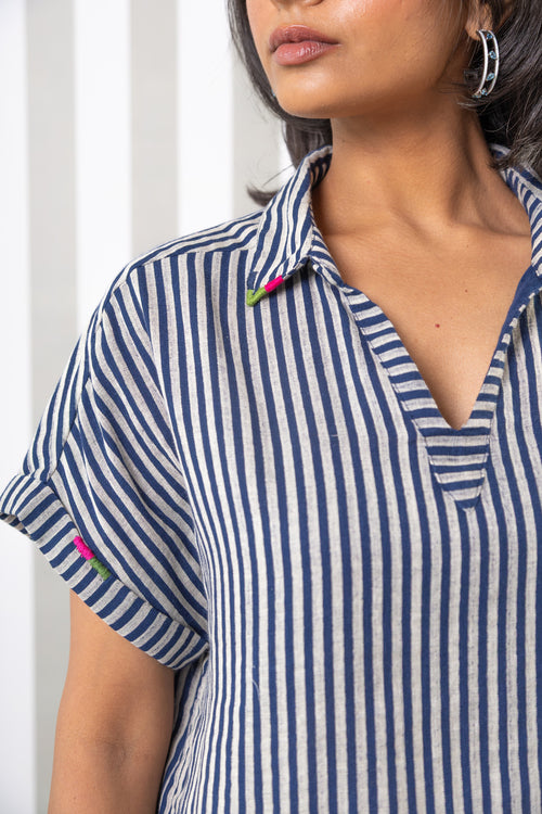 Striped Double Gauze Top-Navy Blue