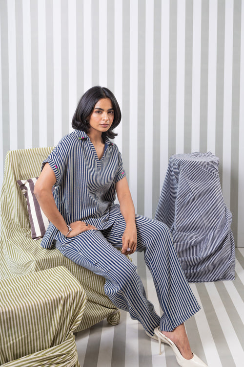 Striped Double Gauze Lounge Pant-Navy Blue