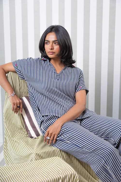 Striped Double Gauze Lounge Pant-Navy Blue