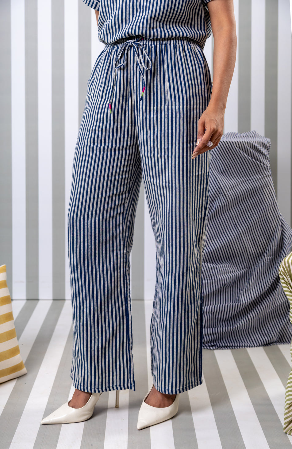 Striped Double Gauze Lounge Pant-Navy Blue