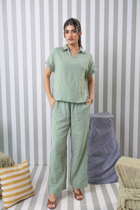 Striped Double Gauze Top-Green