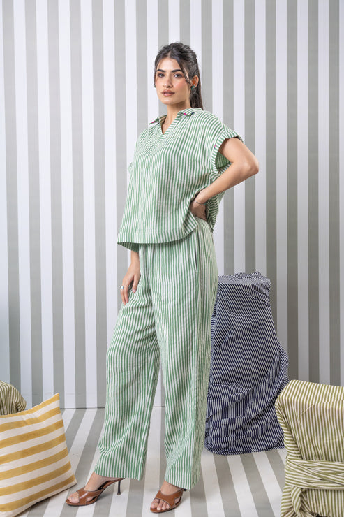 Striped Double Gauze Lounge Pant-Green