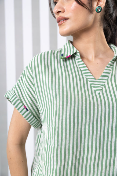 Striped Double Gauze Top-Green