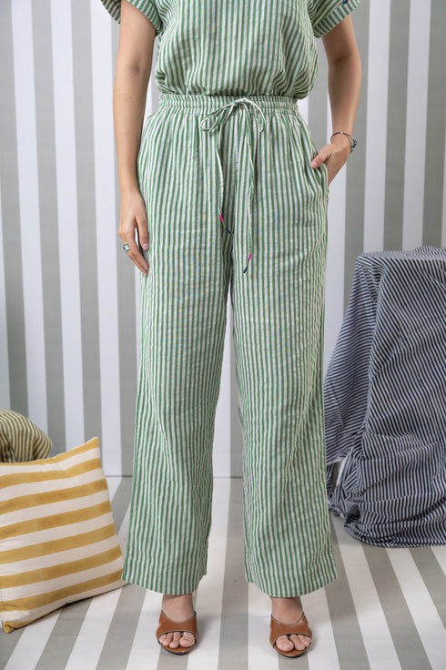 Striped Double Gauze Lounge Pant-Green