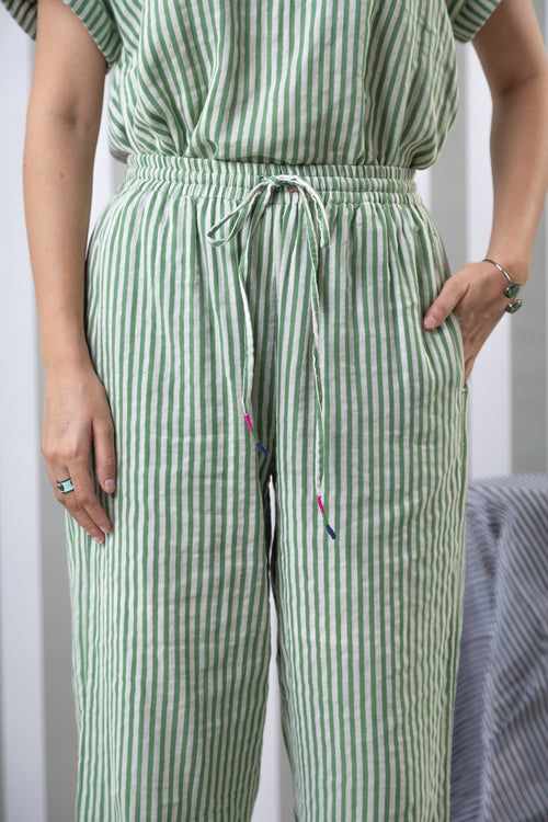 Striped Double Gauze Lounge Pant-Green
