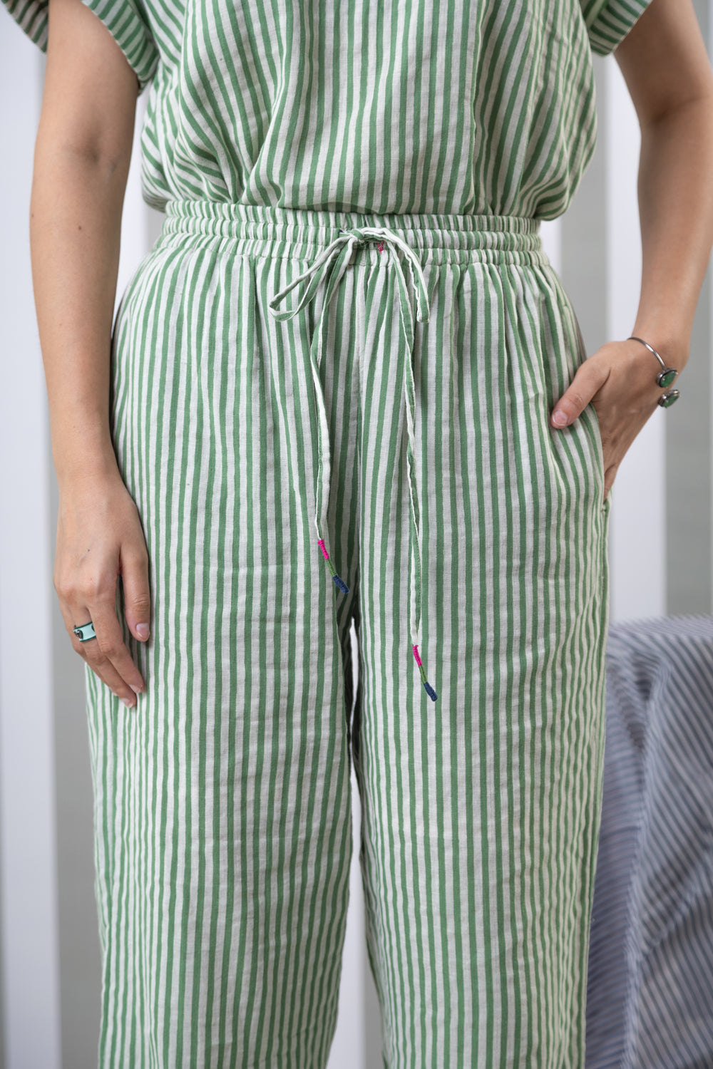 Striped Double Gauze Lounge Pant-Green
