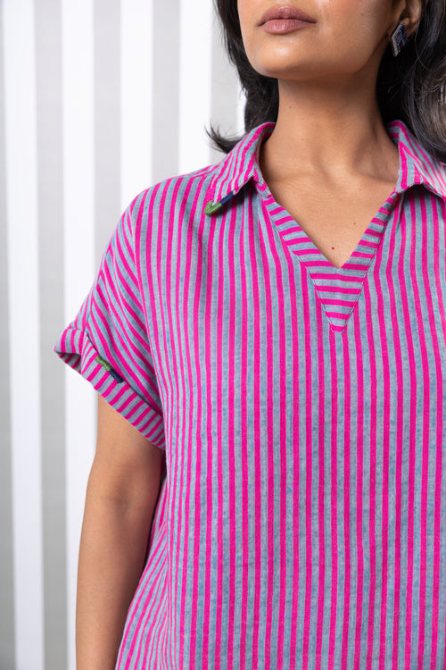 Striped Double Gauze Top-Fuchsia