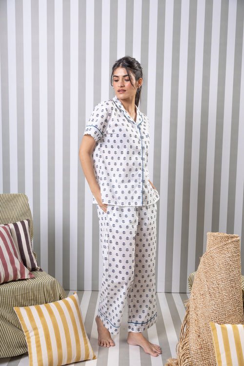 Printed Cotton Night Suit Set-Black/White