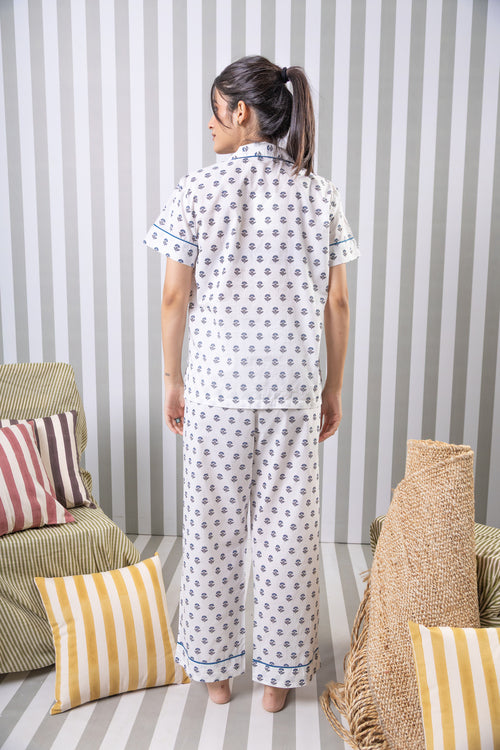 Printed Cotton Night Suit Set-Black/White