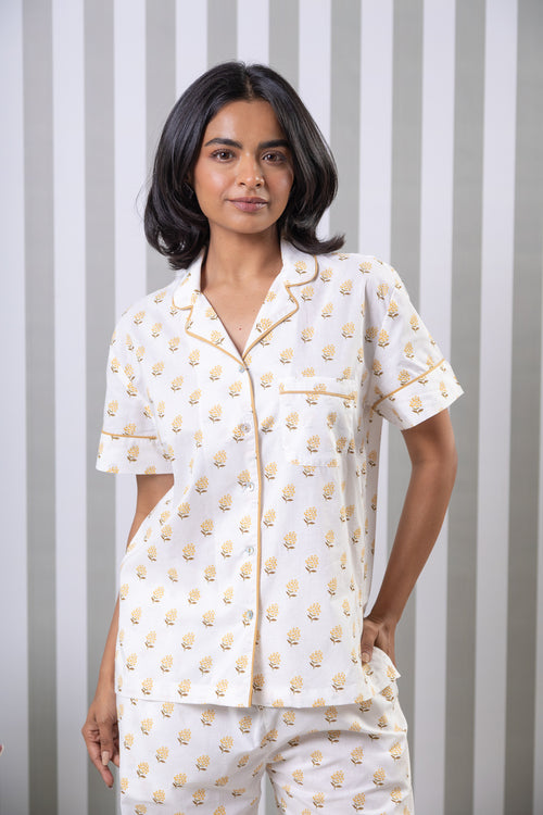 Printed Cotton Night Suit Set- Yellow