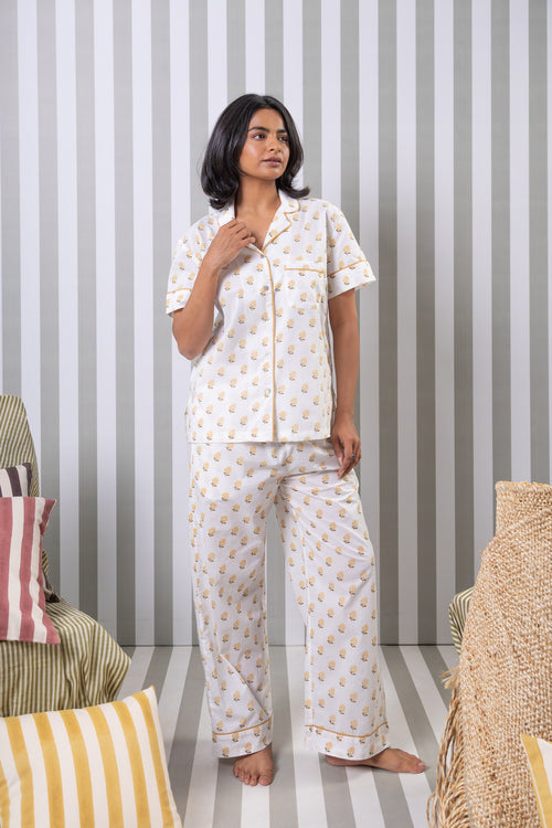 Printed Cotton Night Suit Set- Yellow