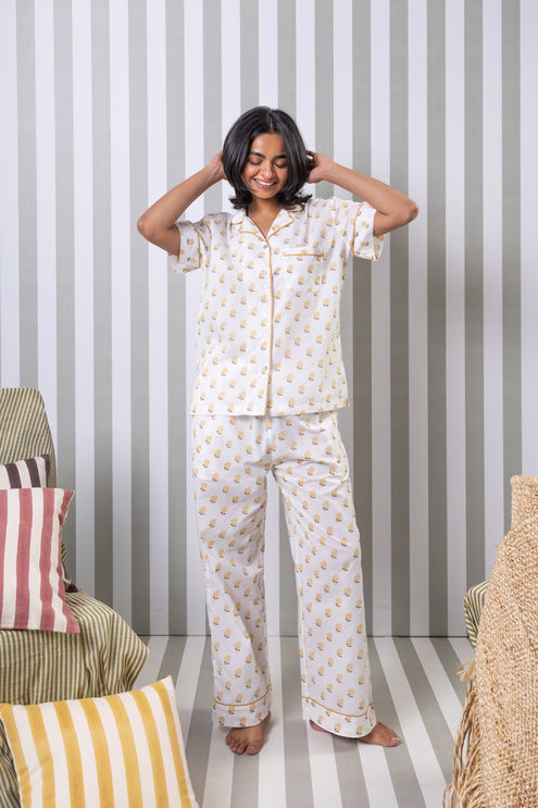 Printed Cotton Night Suit Set- Yellow