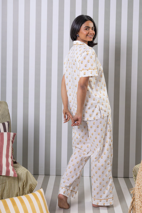 Printed Cotton Night Suit Set- Yellow