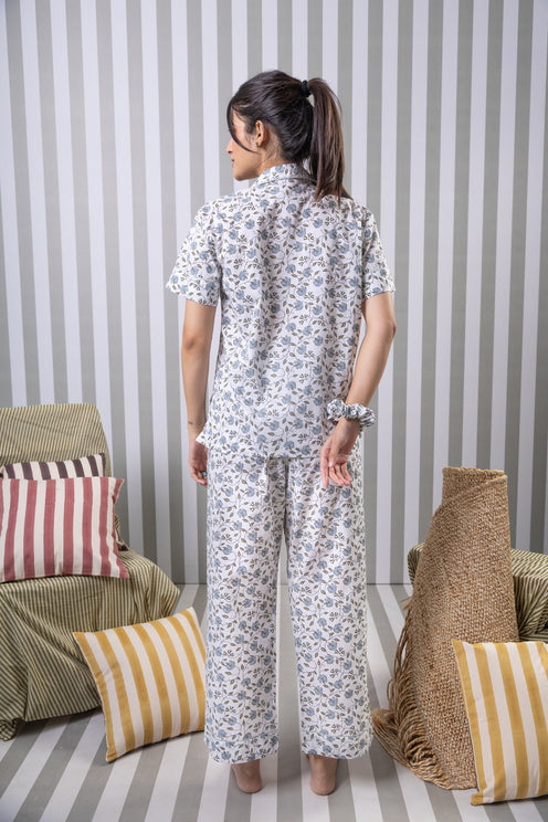 Printed Cotton Night Suit Set-Blue/White