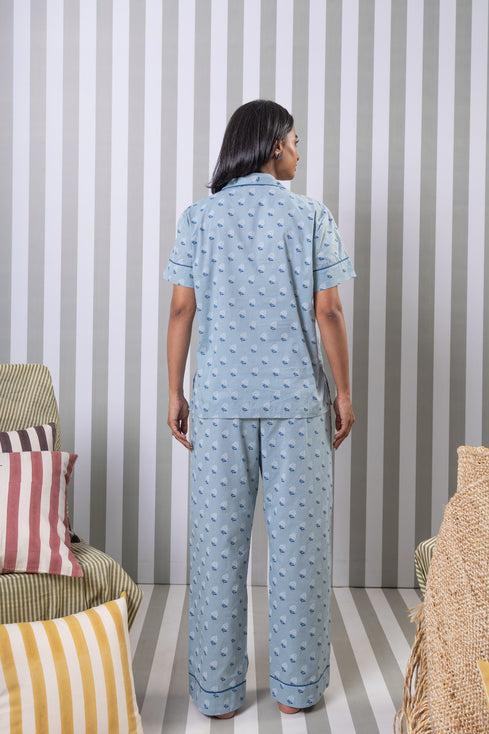 Printed Cotton Night Suit Set- Blue