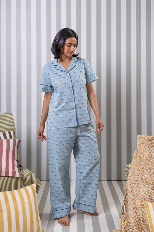 Printed Cotton Night Suit Set- Blue