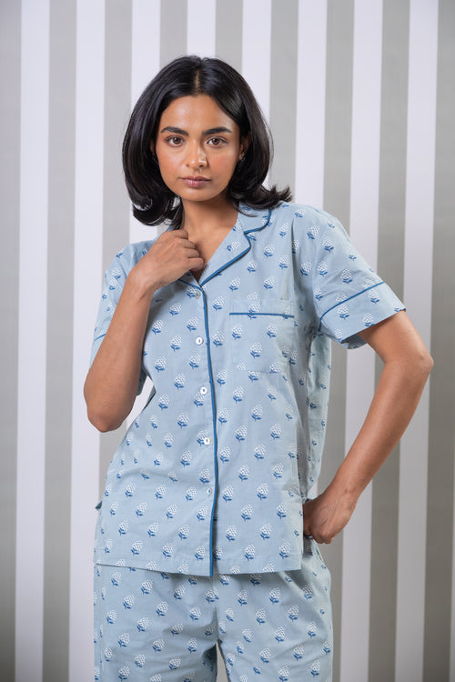 Printed Cotton Night Suit Set- Blue