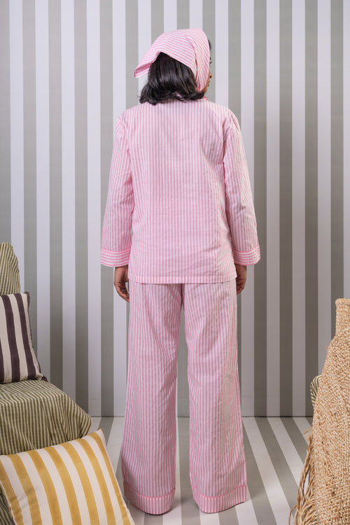 Striped Cotton Fullsleeves Night Suit Set- Pink