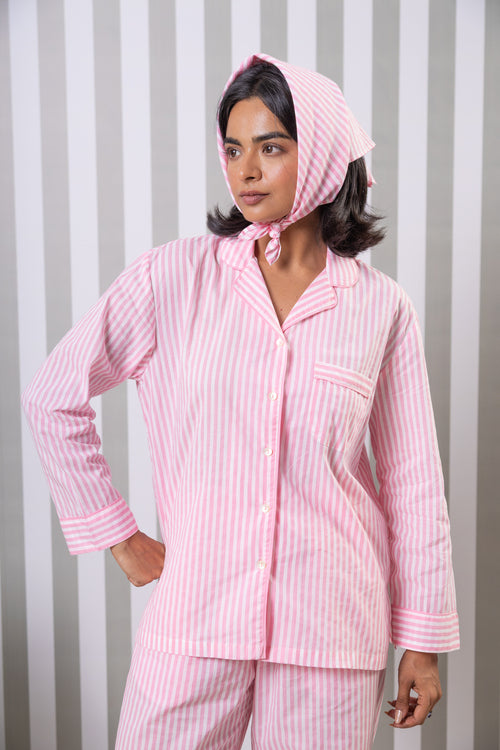 Striped Cotton Fullsleeves Night Suit Set- Pink