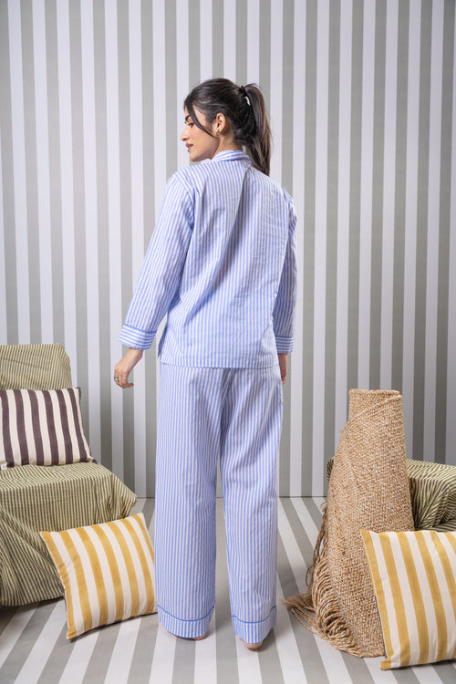 Striped Cotton Fullsleeves Night Suit Set-Blue