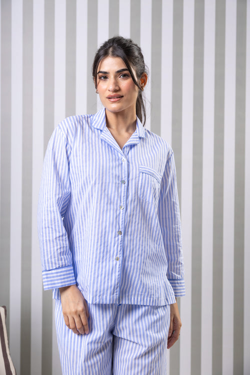 Striped Cotton Fullsleeves Night Suit Set-Blue