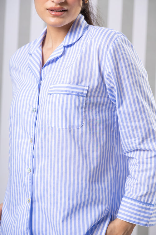 Striped Cotton Fullsleeves Night Suit Set-Blue