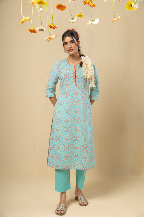 Raagini Cotton Kurta – Turquoise