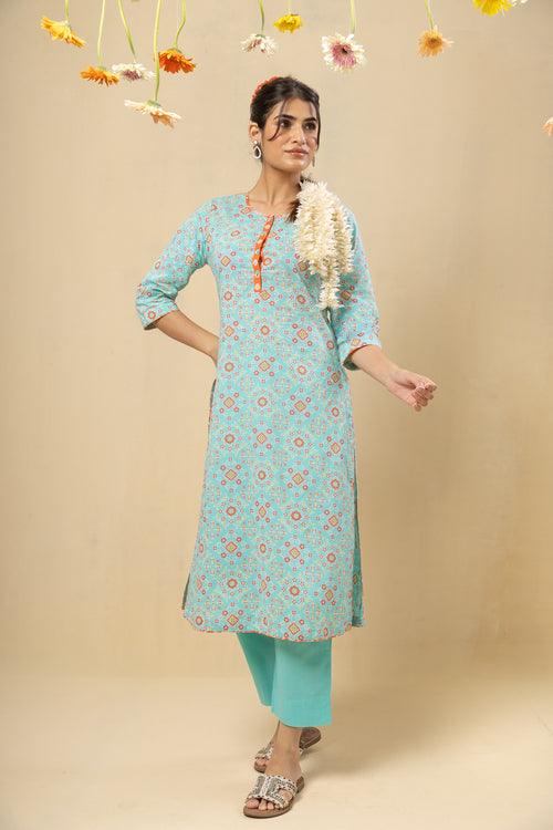 Raagini Cotton Kurta – Turquoise