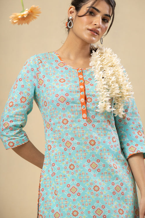 Raagini Cotton Kurta – Turquoise