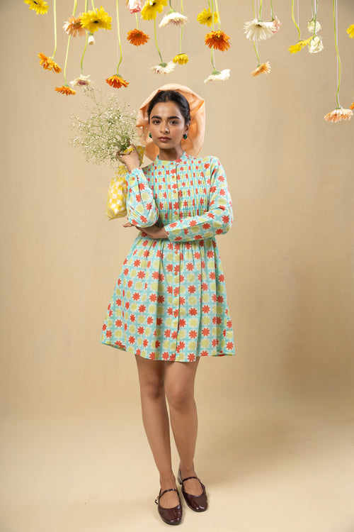 Pleated Yoke Cotton Dress – Turquoise